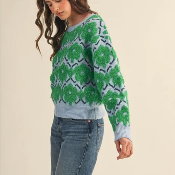Fuzzy Flower Crew Sweater Green and Blue Patterned Women's Sweater - Picture 2 of 3